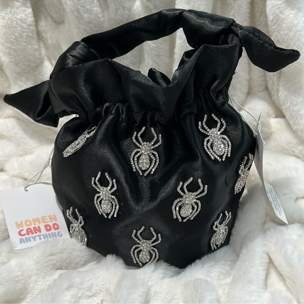 Elegant Black Satin Mini Hand Bag with Silver Spider Embellishments - Picture 6 of 7
